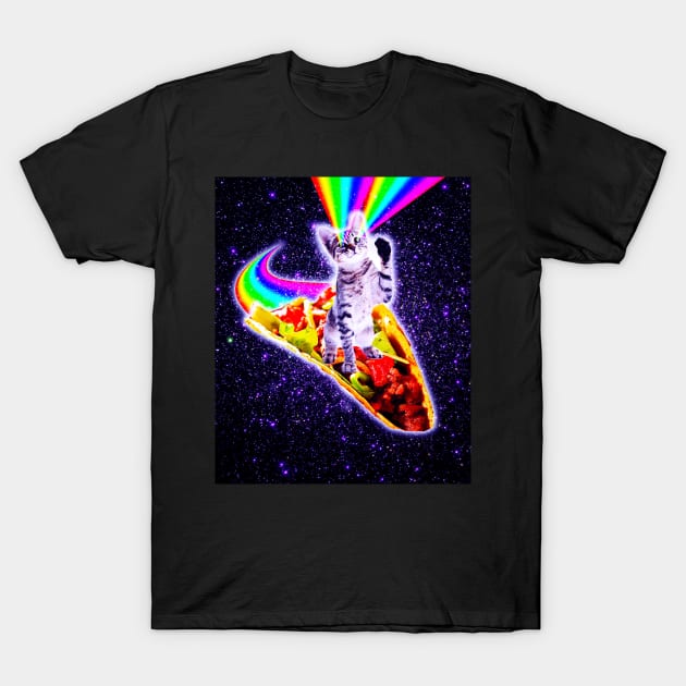 Rainbow Laser Eyes Galaxy Cat Riding Taco T-Shirt by Random Galaxy